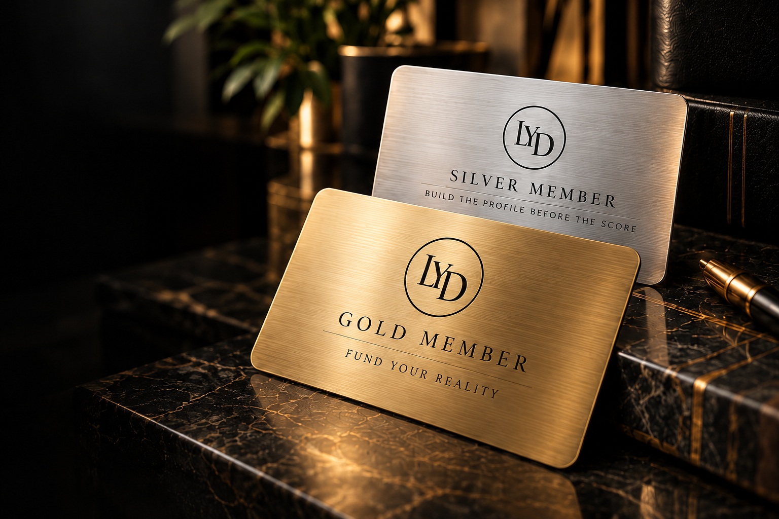 Brushed silver and gold LYD membership cards on black marble