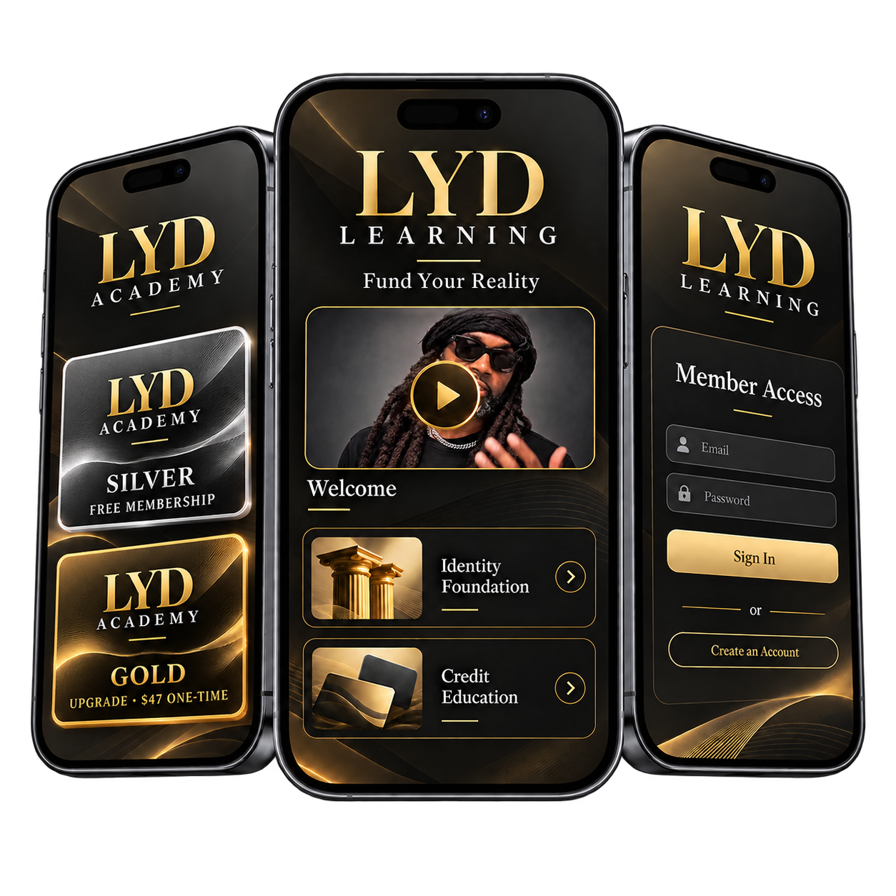 LYD mobile preview showing Silver free membership, Gold upgrade, BC’s lesson video, and Member Access